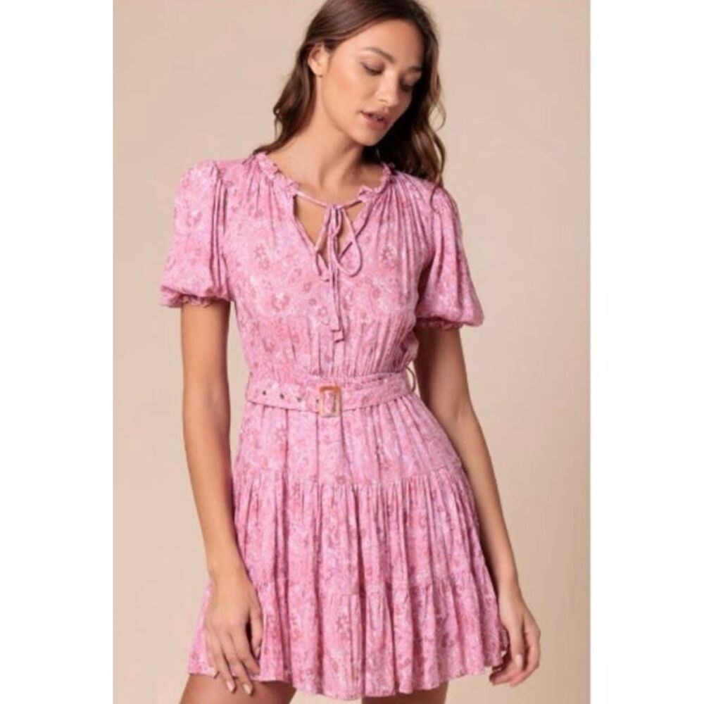 ✨Anthro Lusana Ayla Pink Paisley Puff Sleeve Tiered Mini Fit&Flare Sz 2 Dress✨